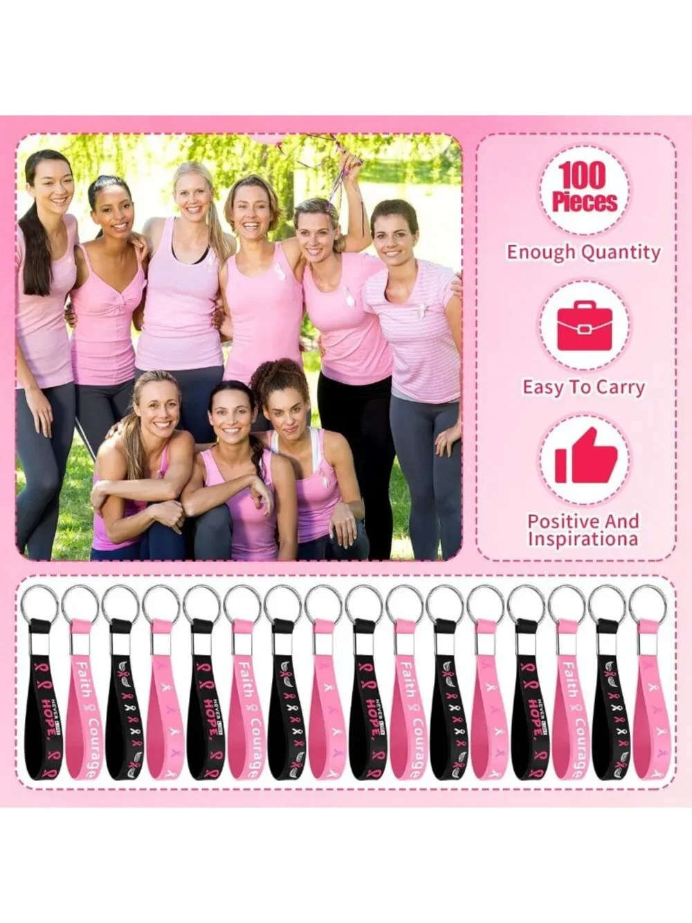 100 Pcs Pink Ribbon Keychains | Breast Cancer Awareness Gifts & Survivor
